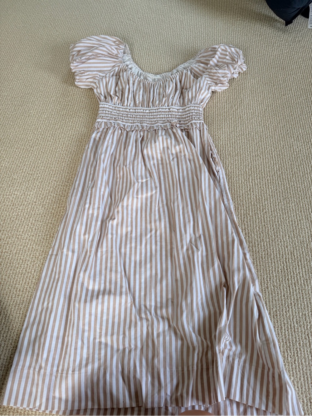 Pomander Place Beige and White Striped Puff-Sleeve Dress